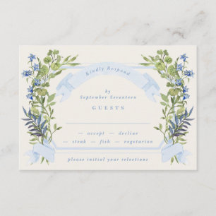 blue and greenery garden crest wreath wedding rsvp invitation