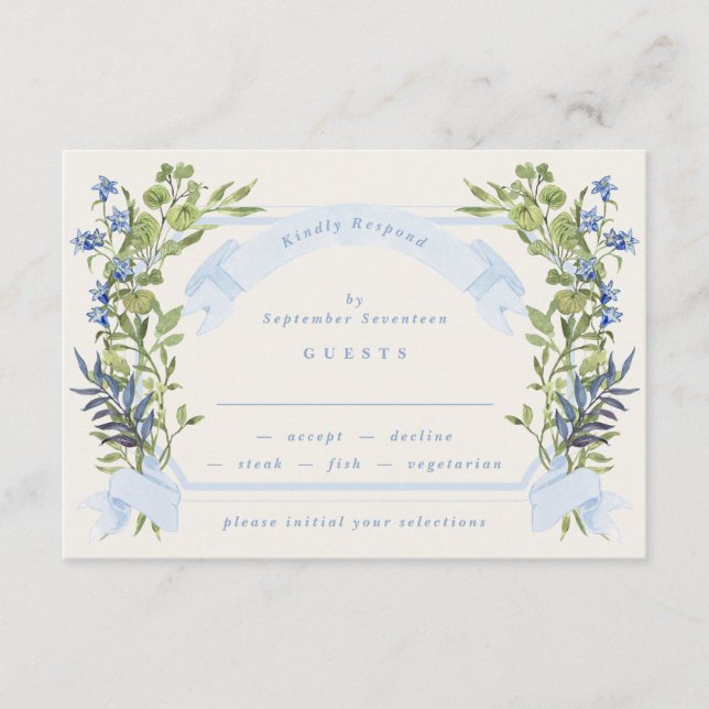blue and greenery garden crest wreath wedding rsvp invitation (Front)