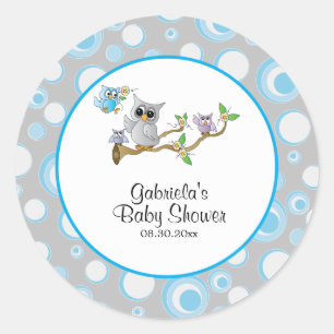 Blue and Grey Baby Owl Baby Shower Theme Classic Round Sticker