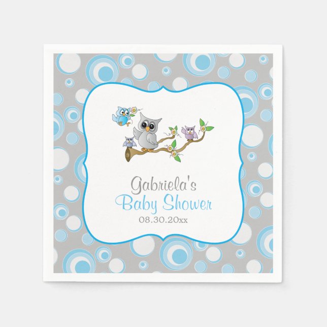 Blue and Grey Baby Owl Baby Shower Theme Napkin (Front)