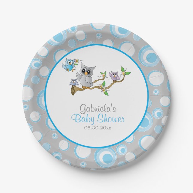 Blue and Grey Baby Owl Baby Shower Theme Paper Plate (Front)