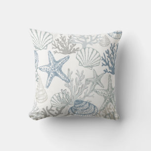 Blue And Grey Beachy Starfish Seashell Pattern Throw Pillow