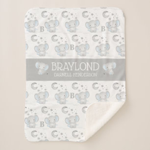 Blue and Grey Boy Elephant Baby Name Sherpa Blanket
