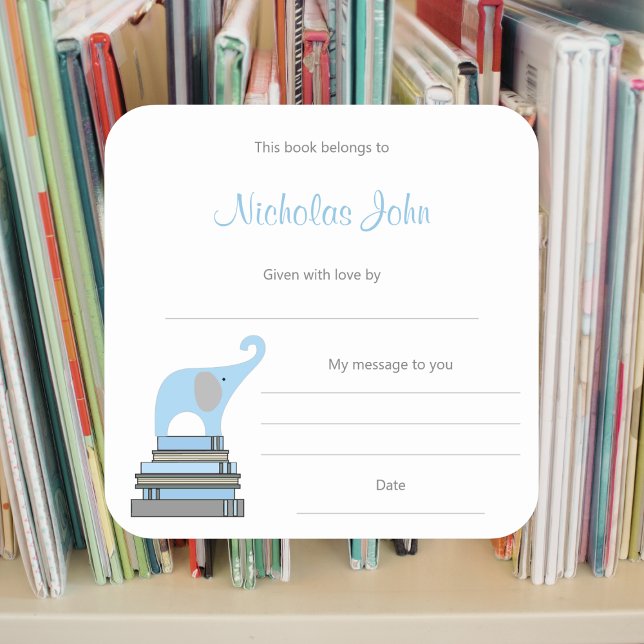 Blue and Grey Boy Elephant on Books book plate  Square Sticker (Creator Uploaded)