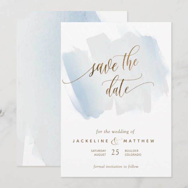 Blue and Grey Brush Strokes, Minimal Wedding Save The Date (Front/Back)