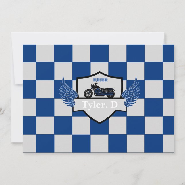 Blue and grey chequered and motorcycle announcement (Front)