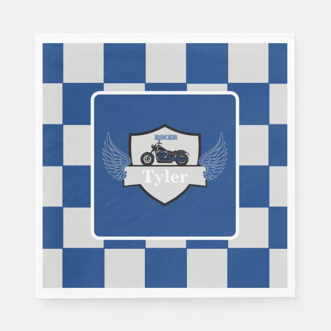 Blue and grey chequered and motorcycle napkin (Front)