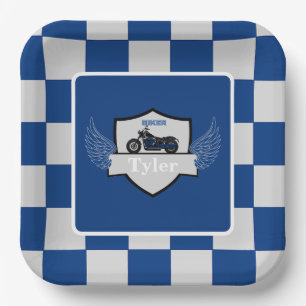 Blue and grey chequered and motorcycle paper plate