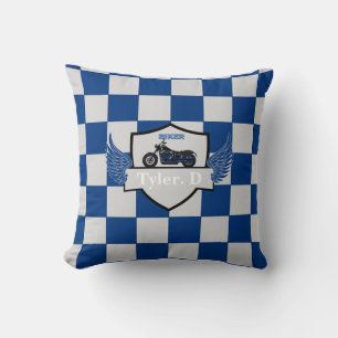 Blue and grey chequered and motorcycle throw pillow
