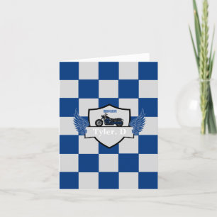 Blue and grey chequered motorcycle baby announceme announcement