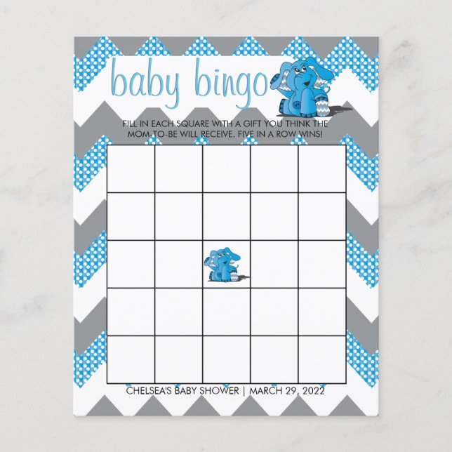 Blue and Grey Chevron Elephant Baby Shower Bingo Flyer (Front)