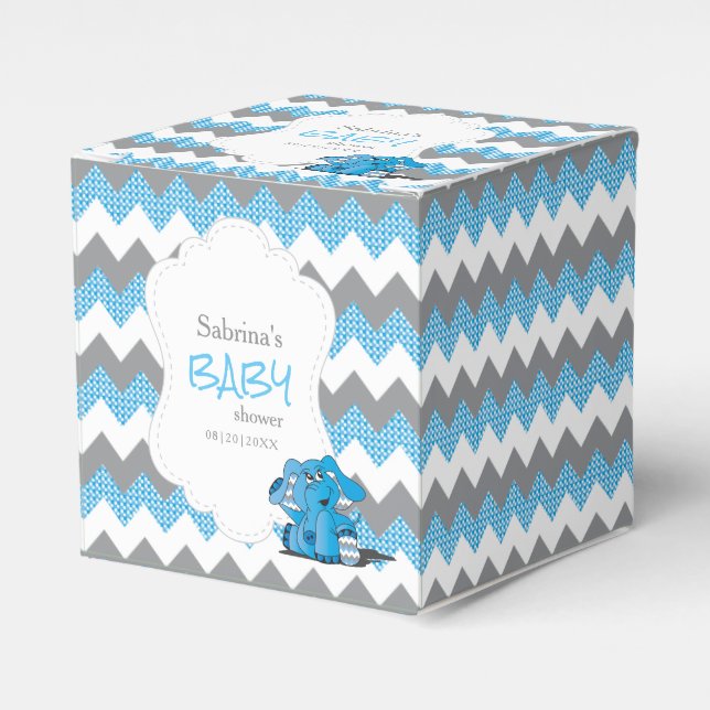 Blue and Grey Chevron Elephant Baby Shower Favor Box (Front Side)