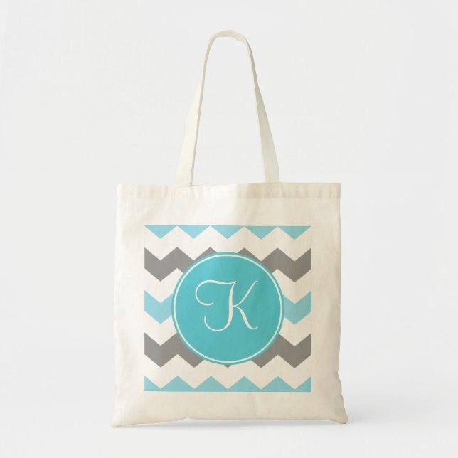 Blue and Grey Chevron with Blue Monogram Tote Bag (Front)