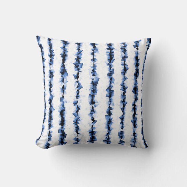 blue and grey crinkly textured lines on white throw pillow (Front)