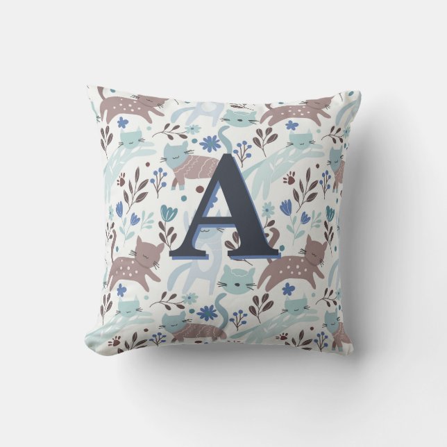 Blue and Grey Cute Whimsical Cat Pattern Monogram Throw Pillow (Front)
