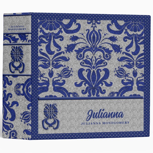 Blue and Grey Damask Custom Binder (Front/Spine)