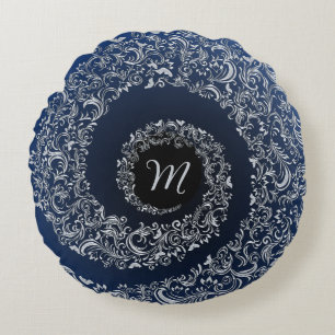 Blue and Grey Damask Monogram Round Pillow