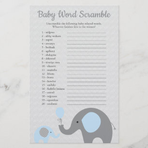 Blue and Grey Elephant Baby Shower Word Scramble Flyer