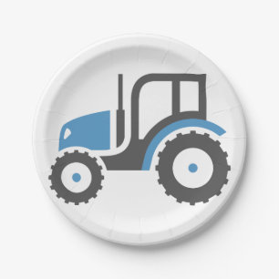 Blue and Grey Farm Tractor Icon Paper Plate