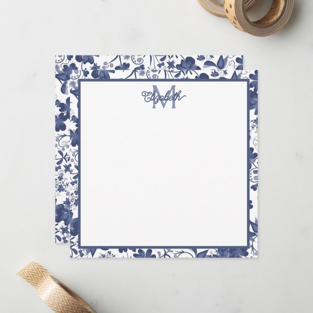 Blue and Grey Floral Monogram Card (Front/Back In Situ)