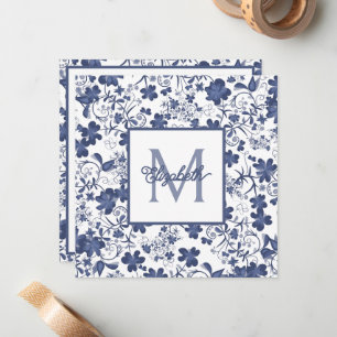 Blue and Grey Floral Monogram Card