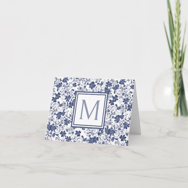 Blue and Grey Floral Monogram Note Card (Front)