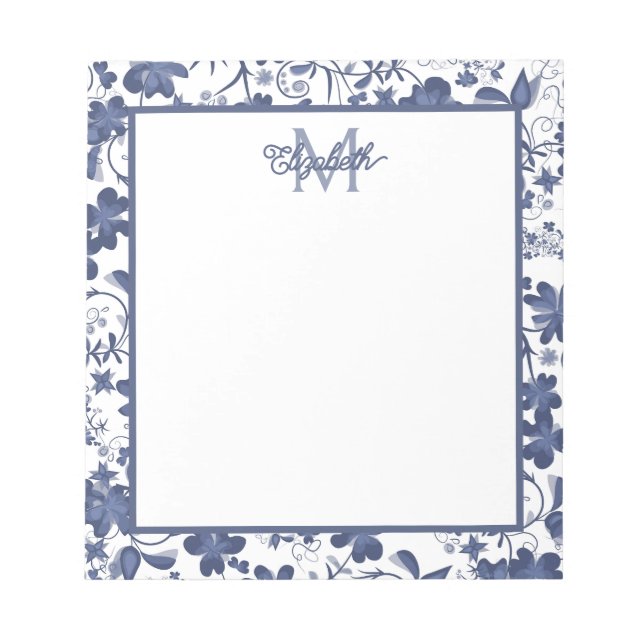 Blue and Grey Floral Monogram Notepad (Front)