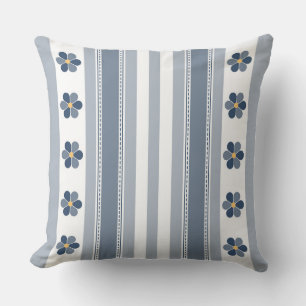 Blue and Grey Floral Stripes Throw Pillow