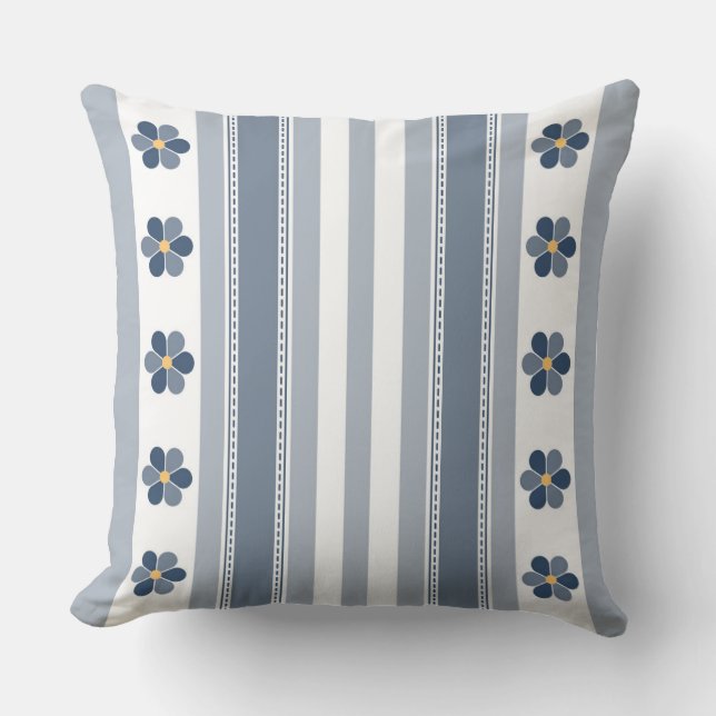 Blue and Grey Floral Stripes Throw Pillow (Front)