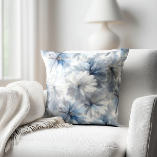 Blue and Grey Floral Throw Pillow