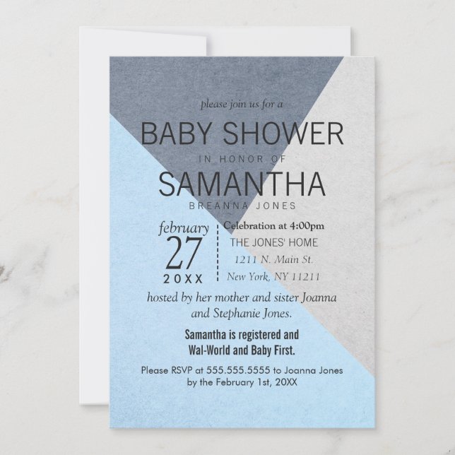 Blue and Grey Geo Triangles Baby Shower Invites (Front)
