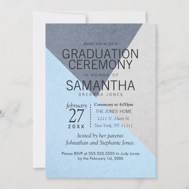 Blue and Grey Geo Triangles Graduation Ceremony Invitation (Front)
