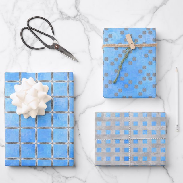 Blue and Grey Geometric Wrapping Paper Sheet (Front)