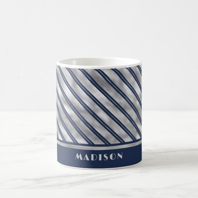 Blue and Grey Glossy Stripes Coffee Mug (Center)