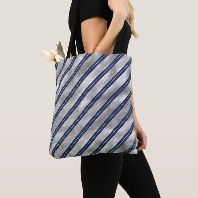 Blue and Grey Glossy Stripes Tote Bag (Close Up)