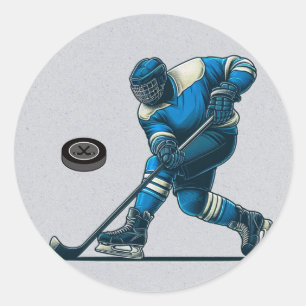 Blue and Grey Hockey Player Birthday Party Classic Round Sticker