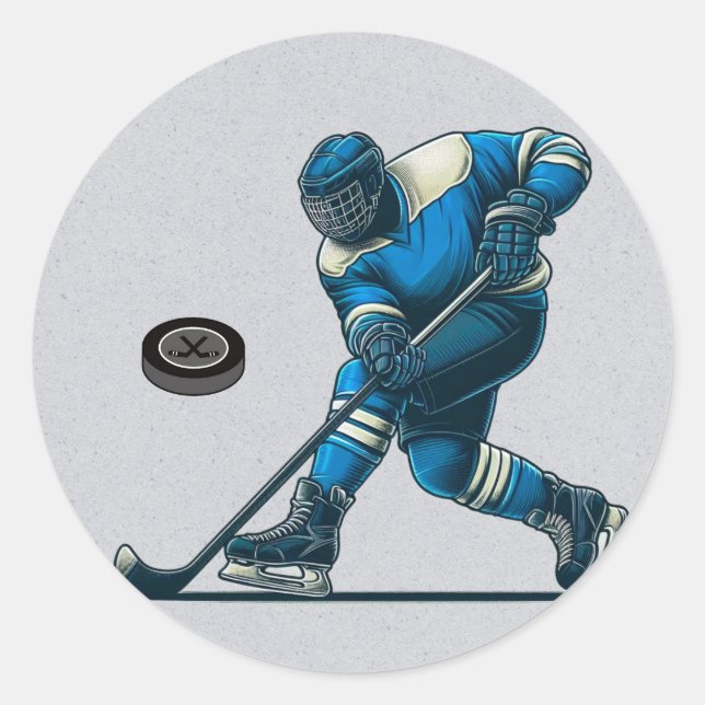 Blue and Grey Hockey Player Birthday Party Classic Round Sticker (Front)