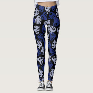 Blue and grey monstera leaf pattern on black leggings