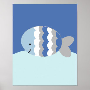 Blue and Grey Ocean Sea Life Nursery Art Print
