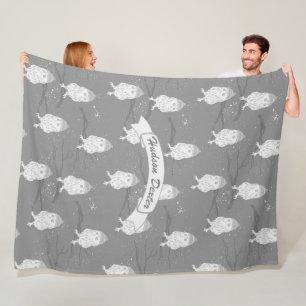 Blue and Grey Owl Sitting on a Branch Pattern Fleece Blanket