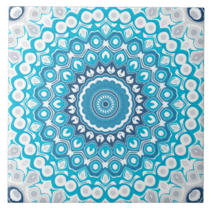 Blue and Grey Painted Medallion Pattern Tile