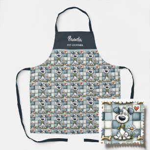 Blue and Grey Patchwork Dog Pattern Pet Groomer Apron