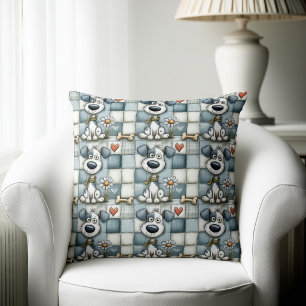 Blue and Grey Patchwork Dog Pattern Throw Pillow