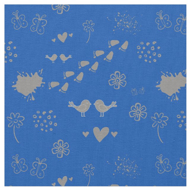 blue and grey pattern of birds, dots, footsteps, f fabric (Close Up)