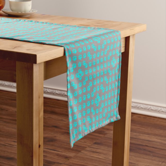 Blue and grey paws pattern short table runner (In Situ)