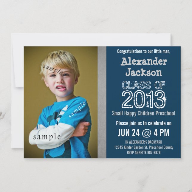 Blue and Grey Preschool or Kindergarten graduation Invitation (Front)