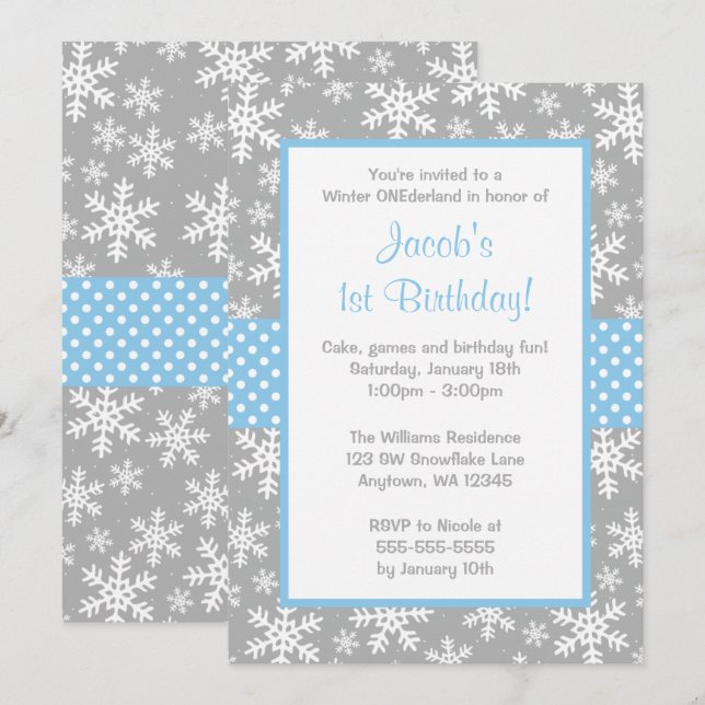 Blue and Grey Snowflakes Winter Onederland Invitation (Front/Back)