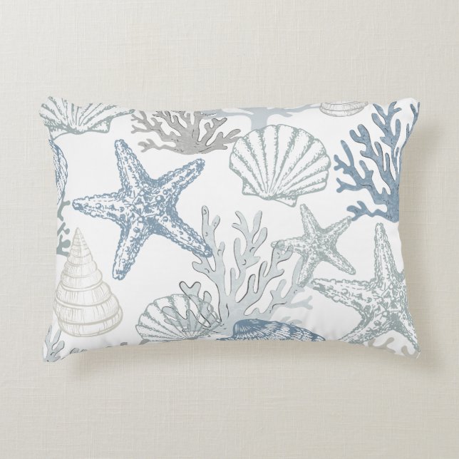 Blue And Grey Starfish Seashell Beachy Design Accent Pillow (Front)