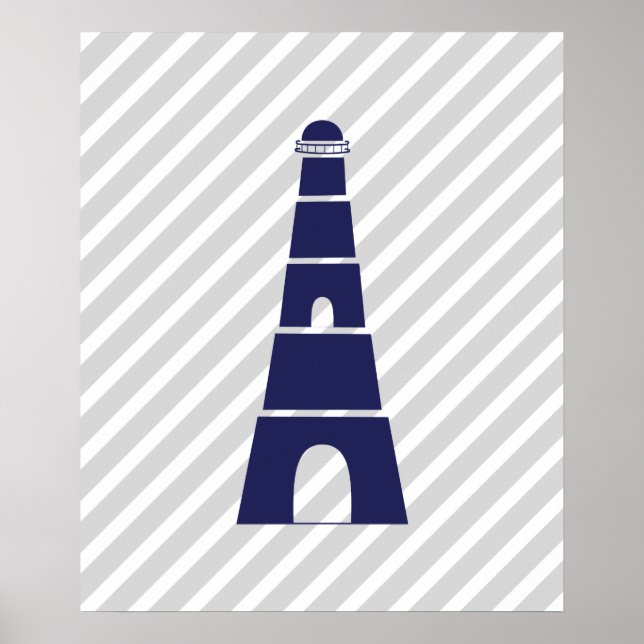Blue and Grey Striped Nautical Lighthouse Poster (Front)