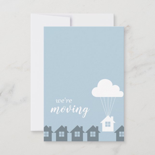 Blue and Grey We're Moving Flying House Invitation (Front)